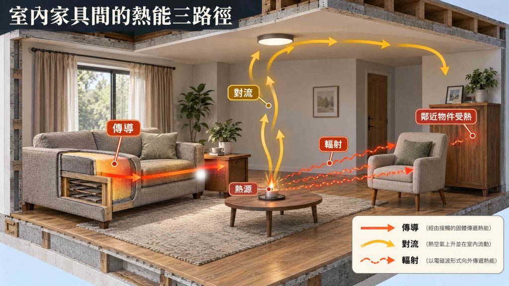 室內家具間傳遞的熱能三路徑圖