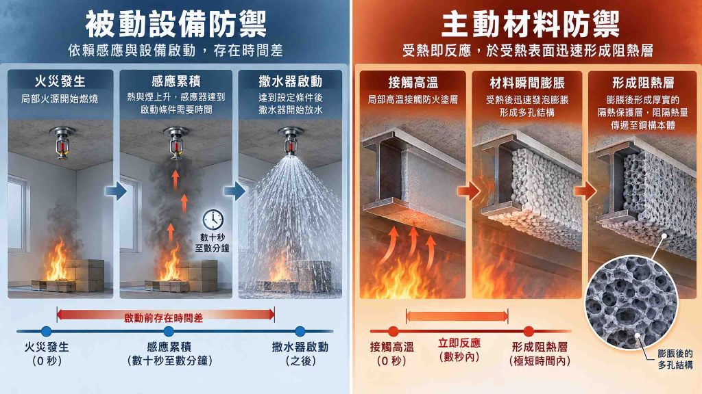 被動設備防禦與主動材料防禦的邏輯對比圖