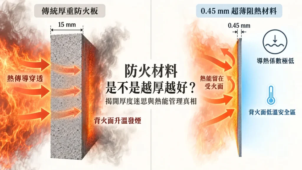 防火材料厚度迷思對比圖：傳統厚重板材與薄型高阻熱材料的熱傳導表現差異