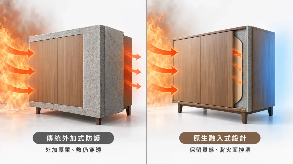 傳統外加式防火與原生融入式產品設計對比圖:構造美學與熱能管理整合