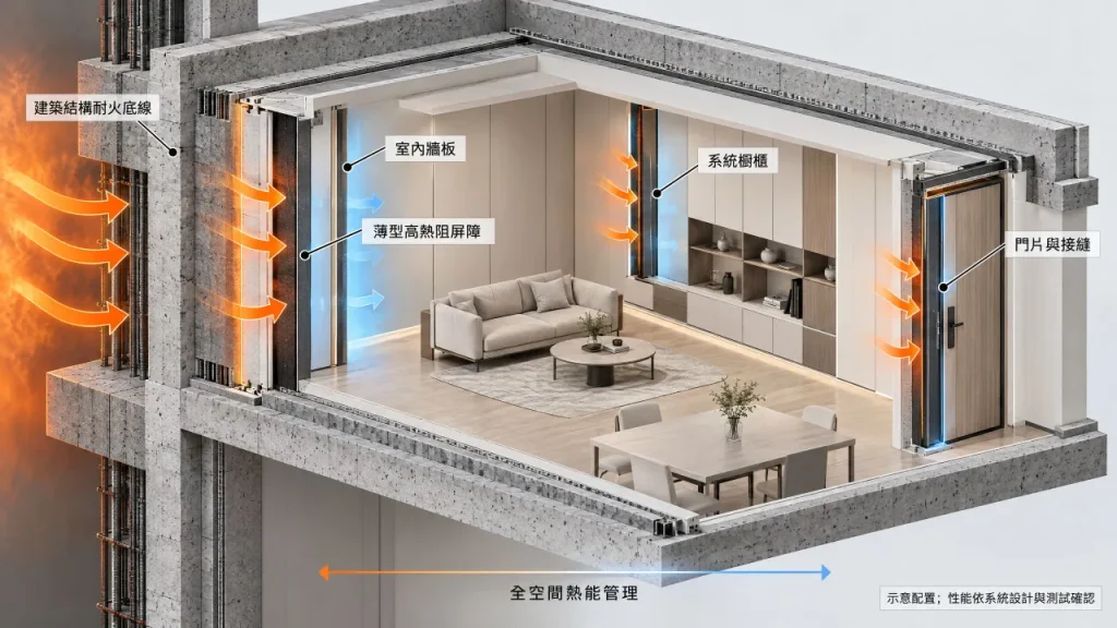從建築結構耐火延伸至室內裝修與家具之全空間熱能管理防護矩陣圖