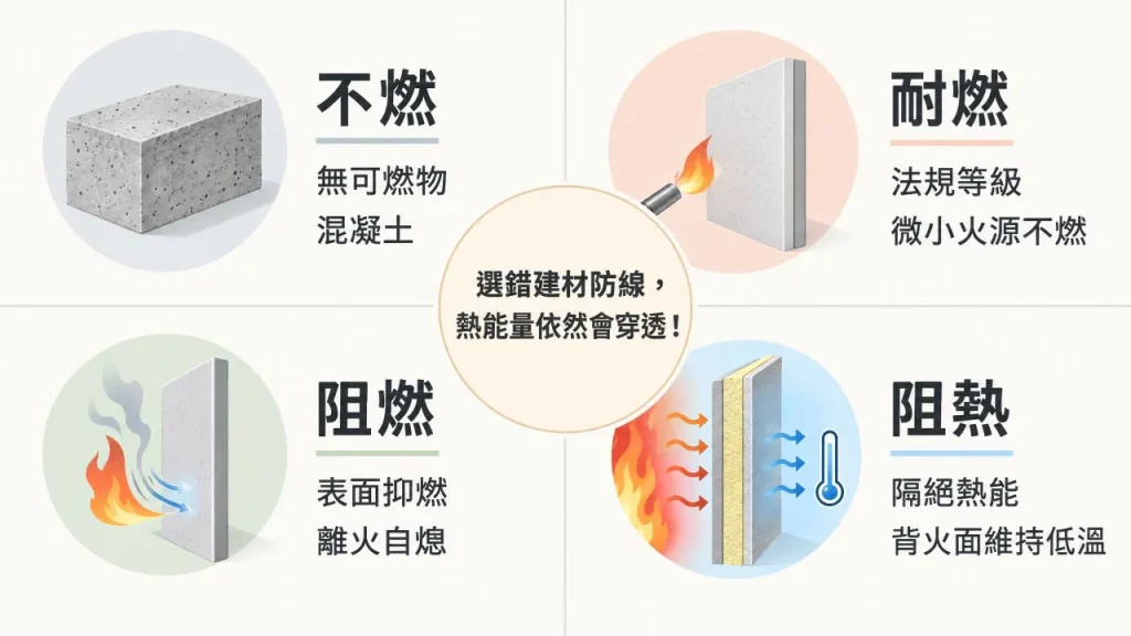 不燃、耐燃、阻燃與阻熱定義差異對比圖:四種防火材料機制的物理特性解析