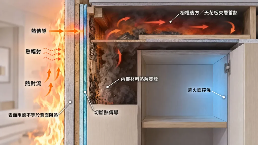 火災初期熱能傳導與背火面材料熱解過程剖面解析圖