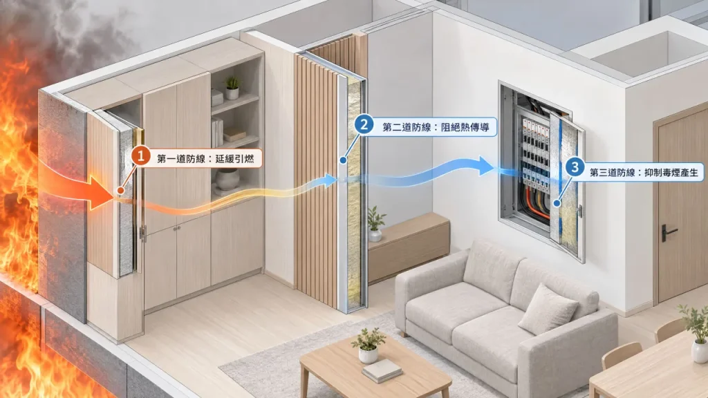 薄型阻熱材料在室內裝修與家具構造中的初期火災三道防禦機制示意圖