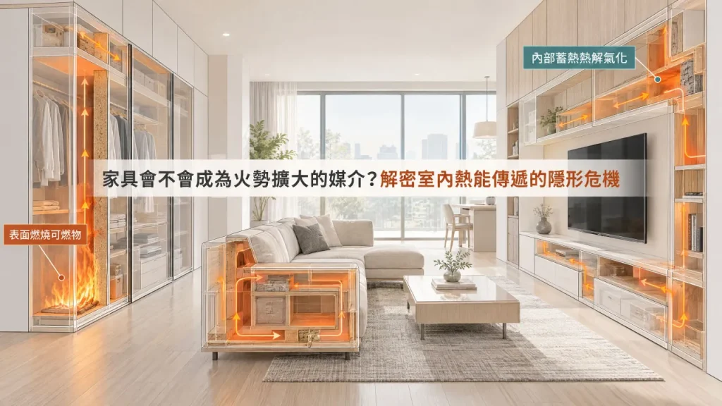 家家具成為火勢擴大媒介示意圖：室內家具熱能傳導與背火面熱解機制解析