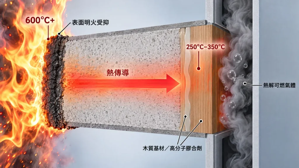 阻燃材料熱傳導機制:高溫穿透表面導致背火面熱解