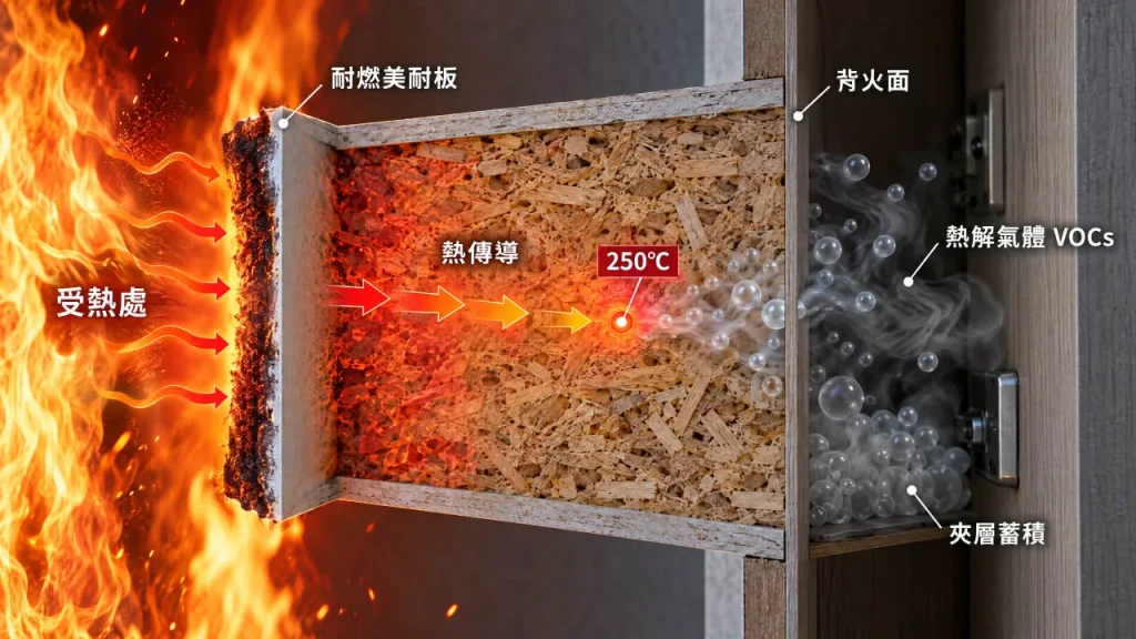 耐燃板材熱傳導示意圖：高溫穿透表面引發背火面木作熱解與氣體蓄積
