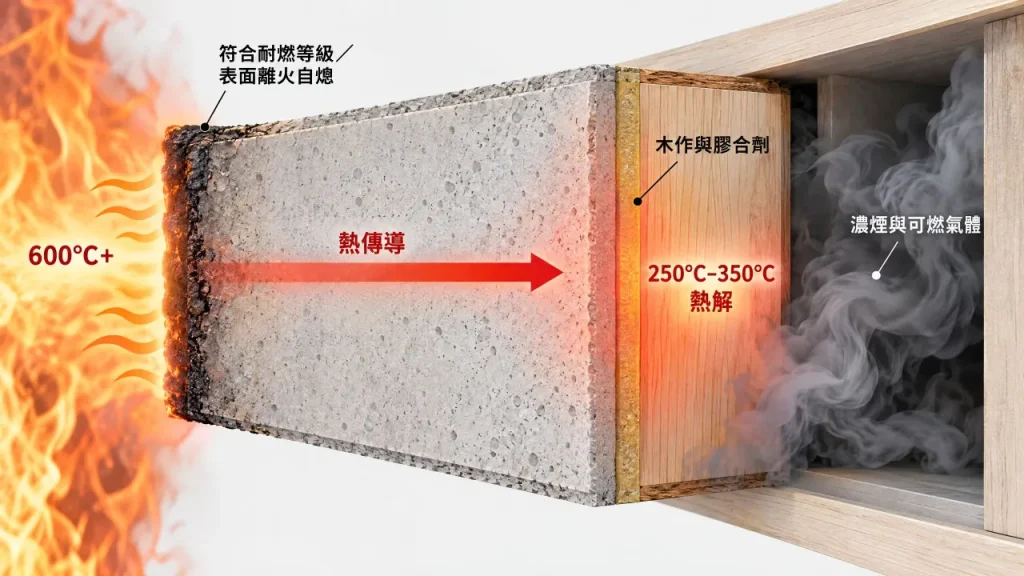阻燃與耐燃板材熱傳導剖面圖：表面不燃燒但熱能穿透引發背火面熱解示意