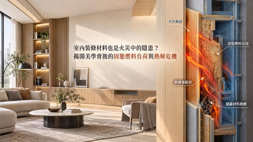 室內裝修材料火災隱患示意圖：現代美學與固態燃料負荷的對比解析