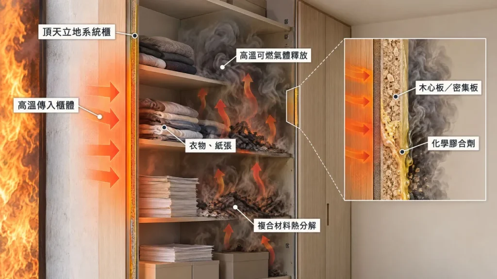 系統櫥櫃結構與內容物複合熱分解與熱能傳導機制示意圖