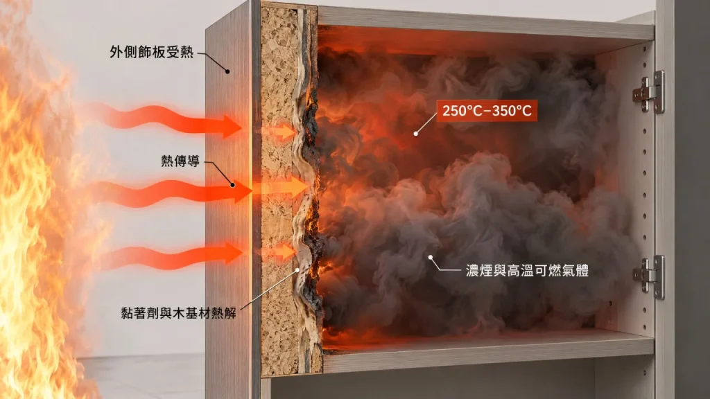 家具櫥櫃熱傳導剖面圖:高溫穿透板材引發櫃體內部熱解與氣體蓄積示意