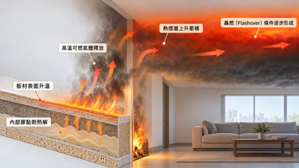 複合化學建材熱分解與轟燃效應物理機制示意圖