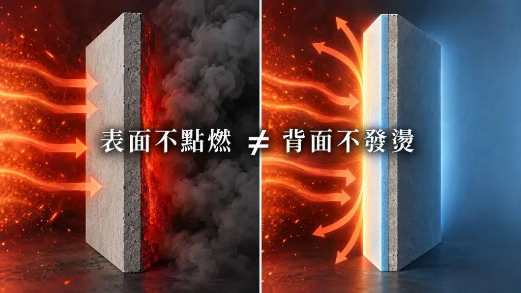 為什麼阻燃不等於阻熱：材料表面不燃燒與背火面熱能傳導差異對比圖