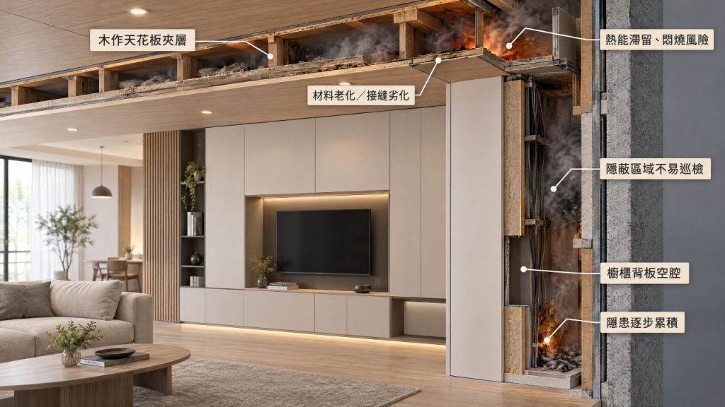 室內裝修隱蔽工程夾層與材料老化火災風險剖析圖